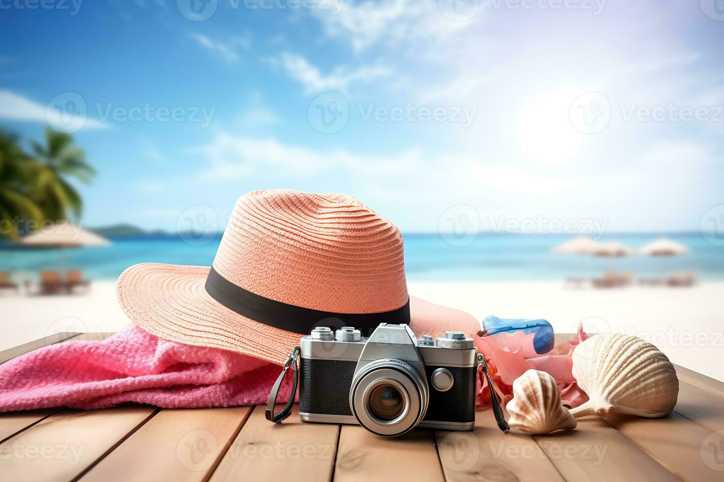 Summer idea Concept of Beach accessories consist vintage camera, hat and bunch of shells. AI Generated. photo