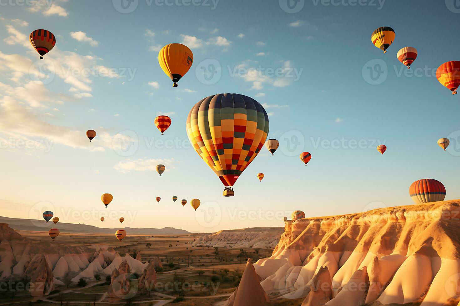 Colorful hot air balloons flying over rock landscape. Cappadocia, Turkey. AI Generated. photo