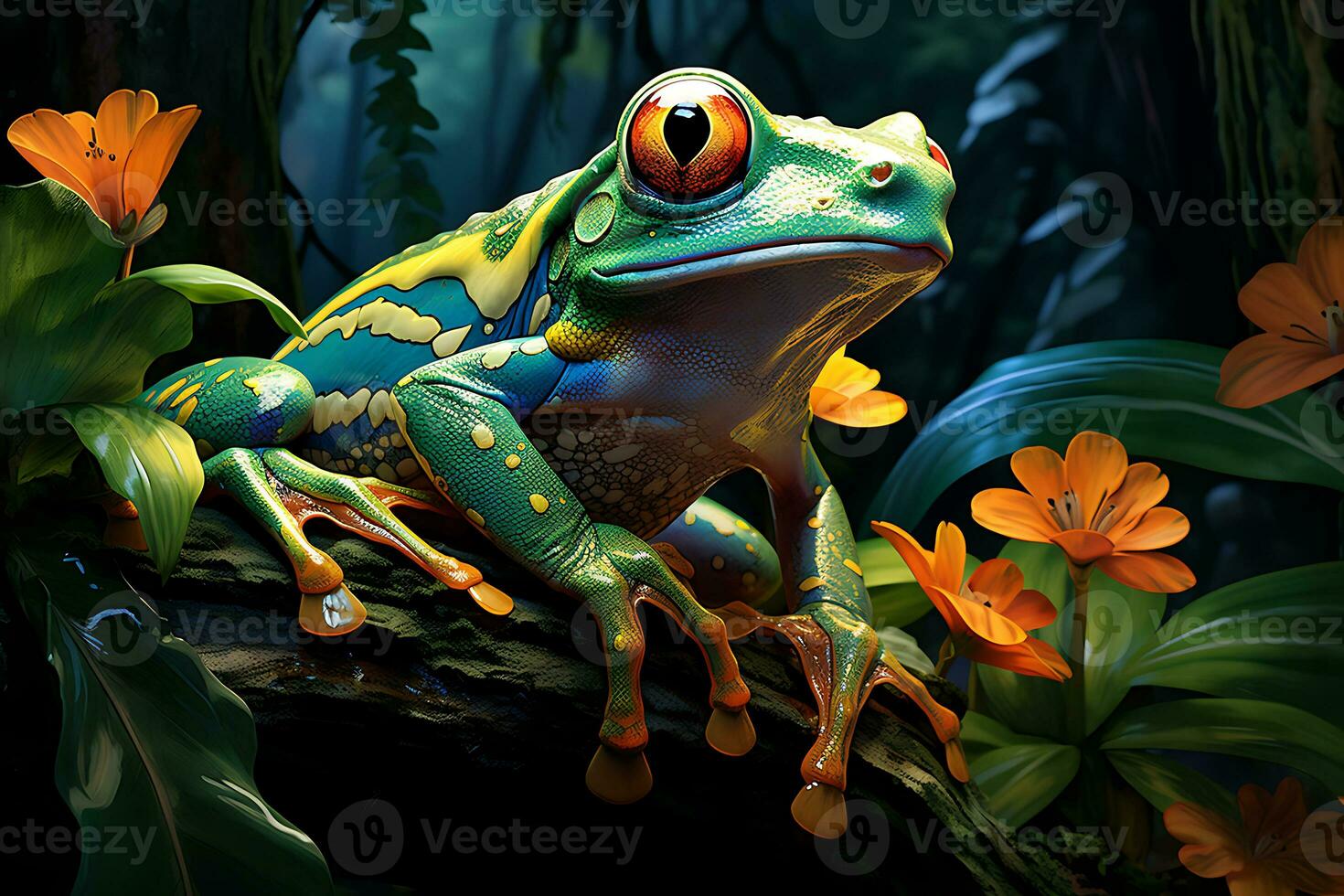 Vibrant Red-eyed tree frog on the leaf. AI Generated. photo