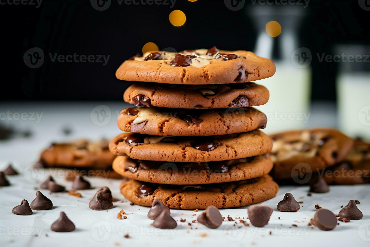 Delicious homemade chocolate cookies. Staked Up and scattered around. AI Generated. photo