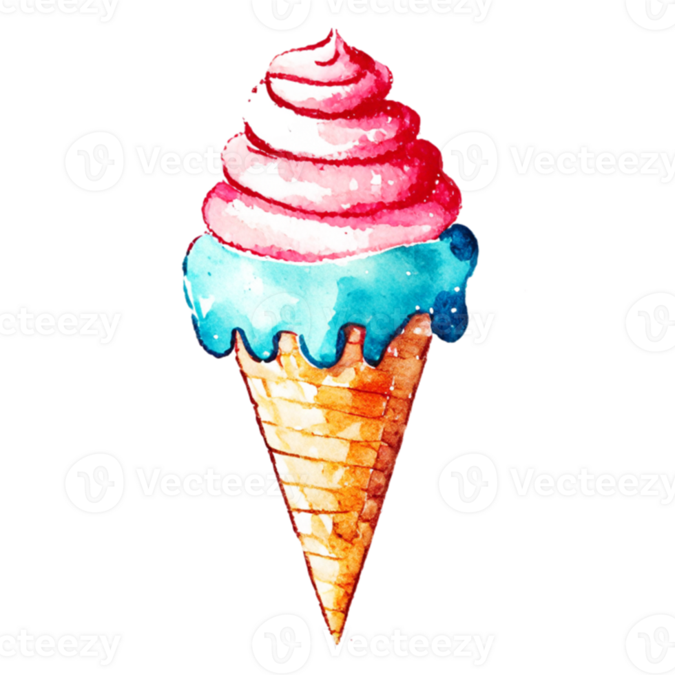 Watercolor hand drawn ice cream cone. png
