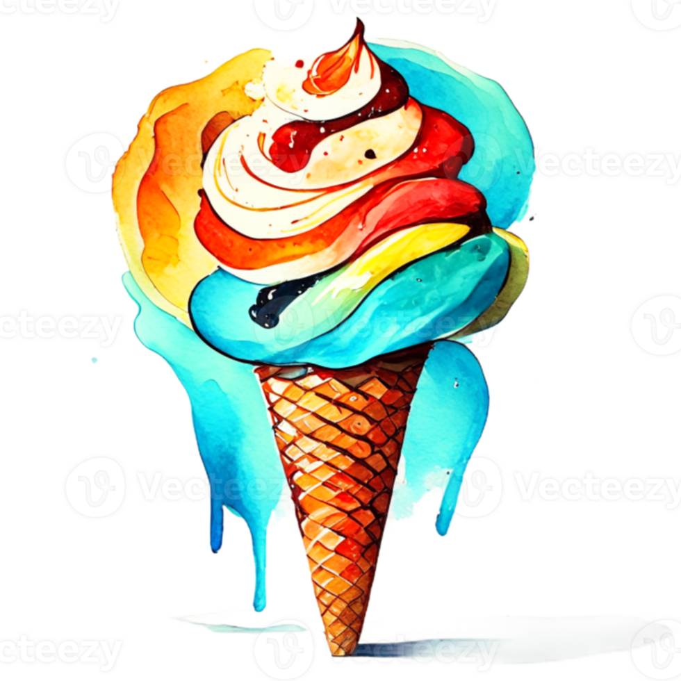 Watercolor hand drawn ice cream cone. png