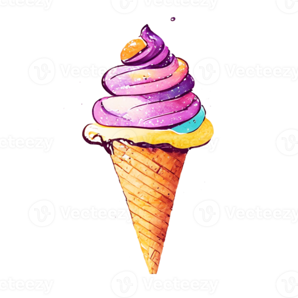 Watercolor hand drawn ice cream cone. png