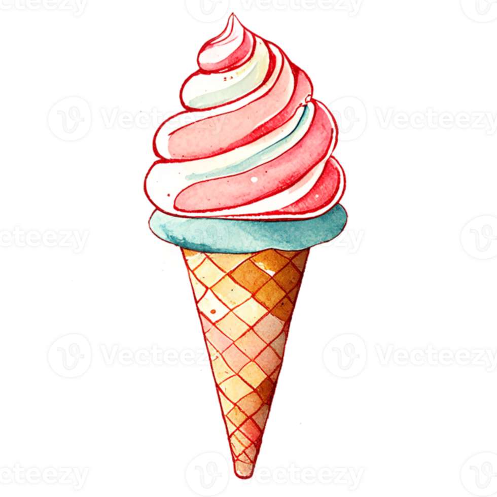Watercolor hand drawn ice cream cone. png