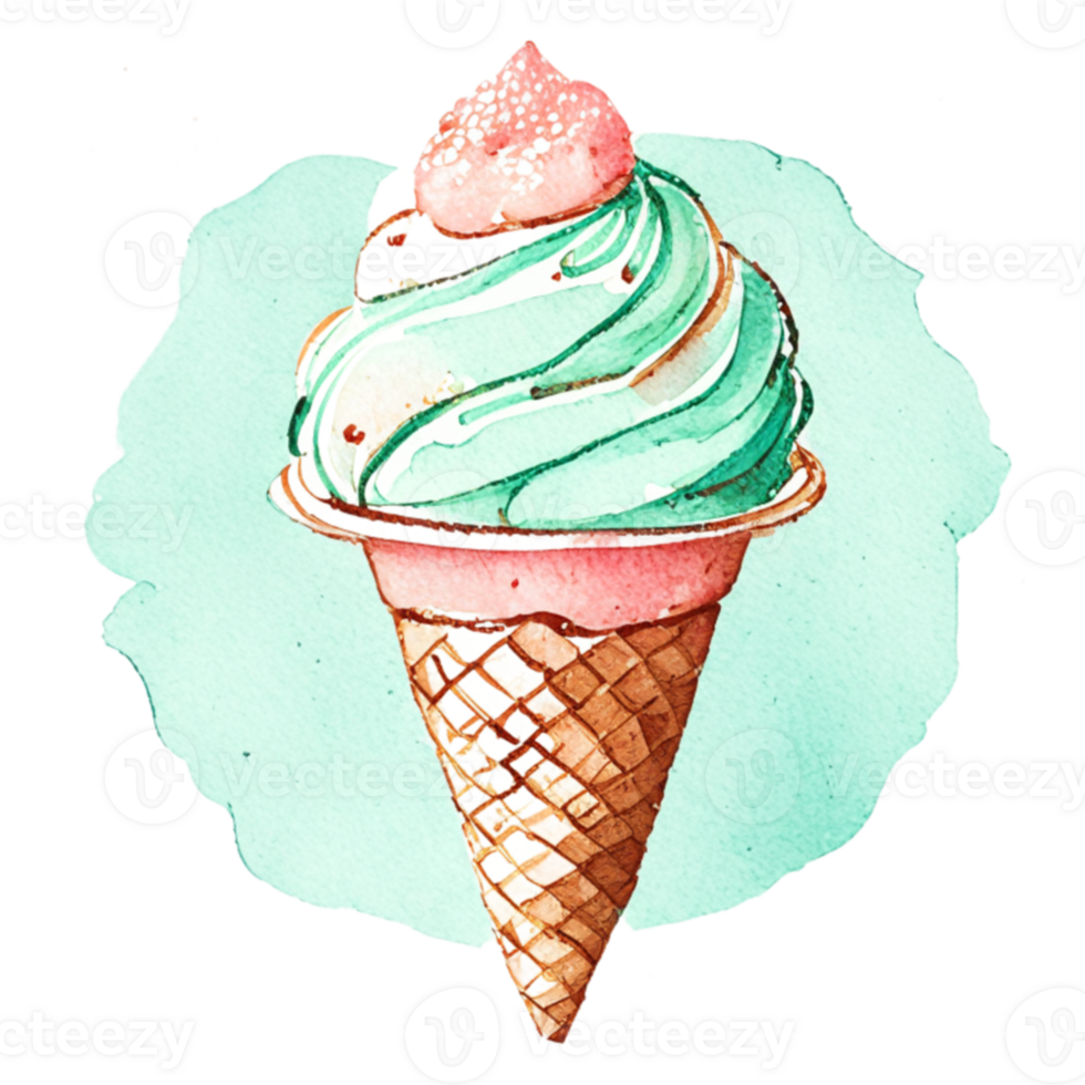 Watercolor hand drawn ice cream cone. png