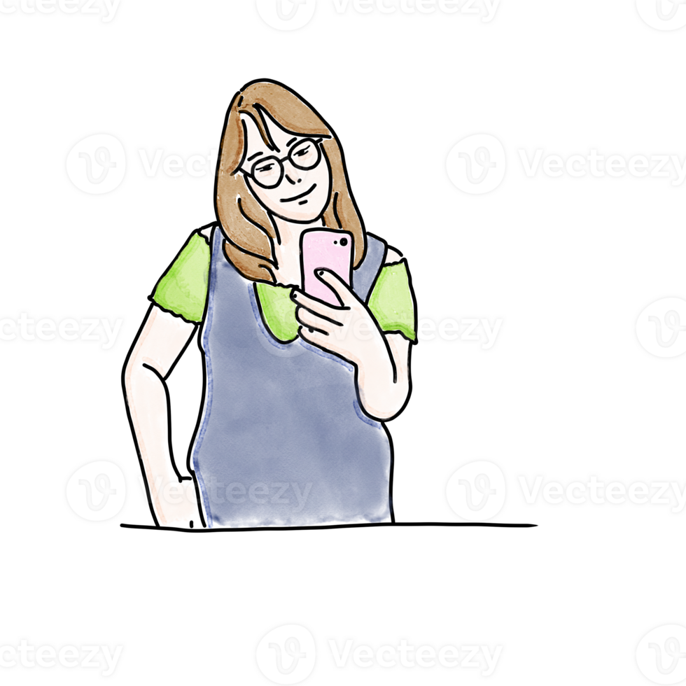 a cartoon woman holding a phone and looking at it png