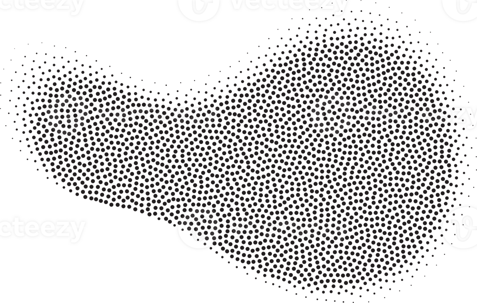 Abstract halftone shape with fluid gradient dots. Liquid stipple grunge stain with gradation. Grainy random shading element. png