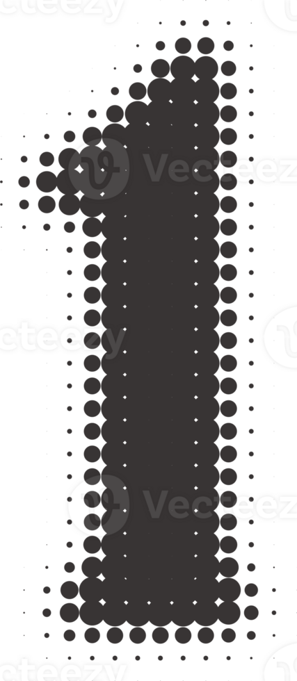 Halftone number 1. Grunge font with pixel pattern. Typography numeral with abstract dotted effect. Pop art design element. png