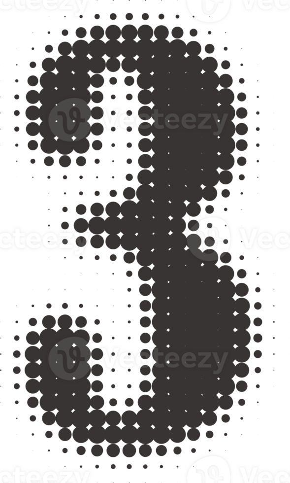 Halftone number 3. Grunge font with pixel pattern. Typography numeral with abstract dotted effect. Pop art design element. png