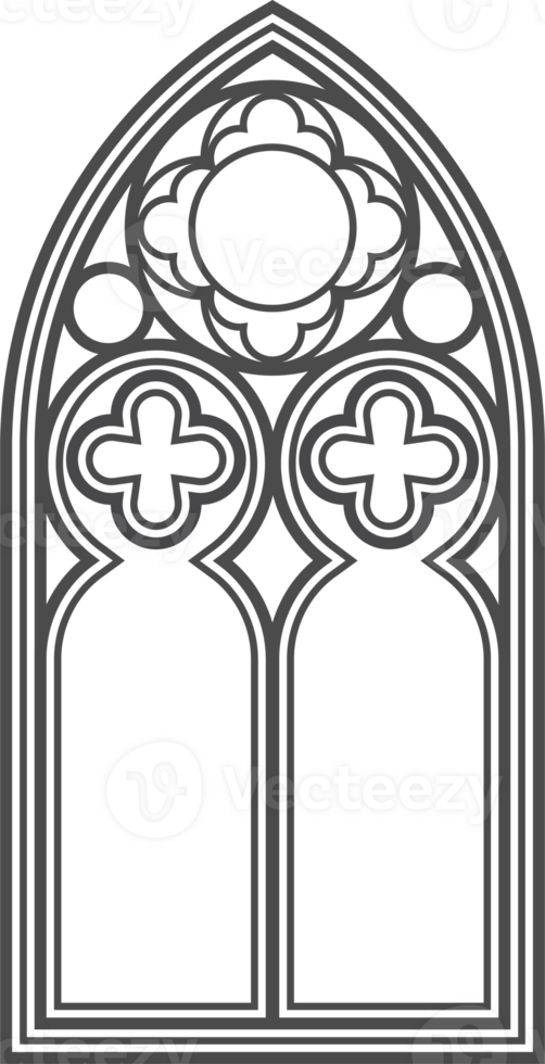 Gothic church window. Architecture arch with glass. Old castle and cathedral frame. Medieval stained interior design. Vintage illustration png