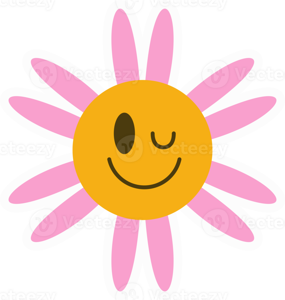 Daisy groovy flower. Smiling retro floral face. Y2k simple design. Cartoon chamomile character. png