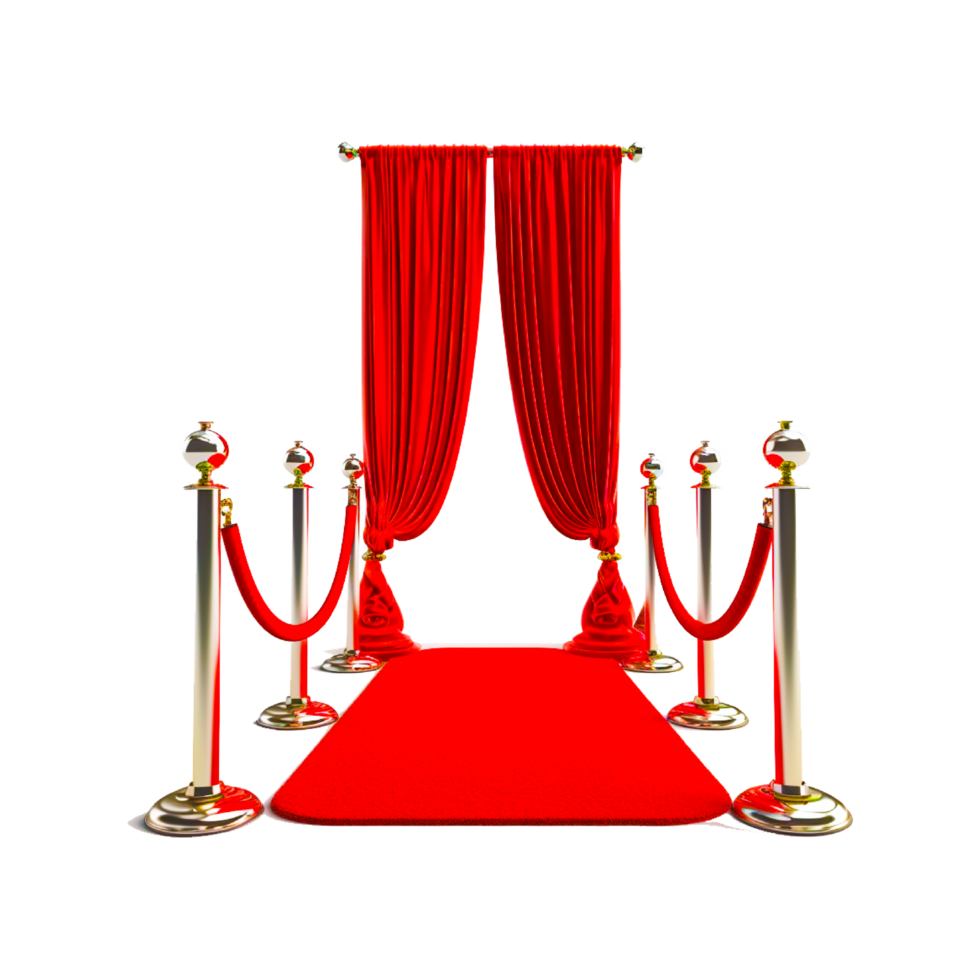 3d render of Red carpet and path barriers, Luxury entrance to vip event or celebrity party isolated on transparent background. png