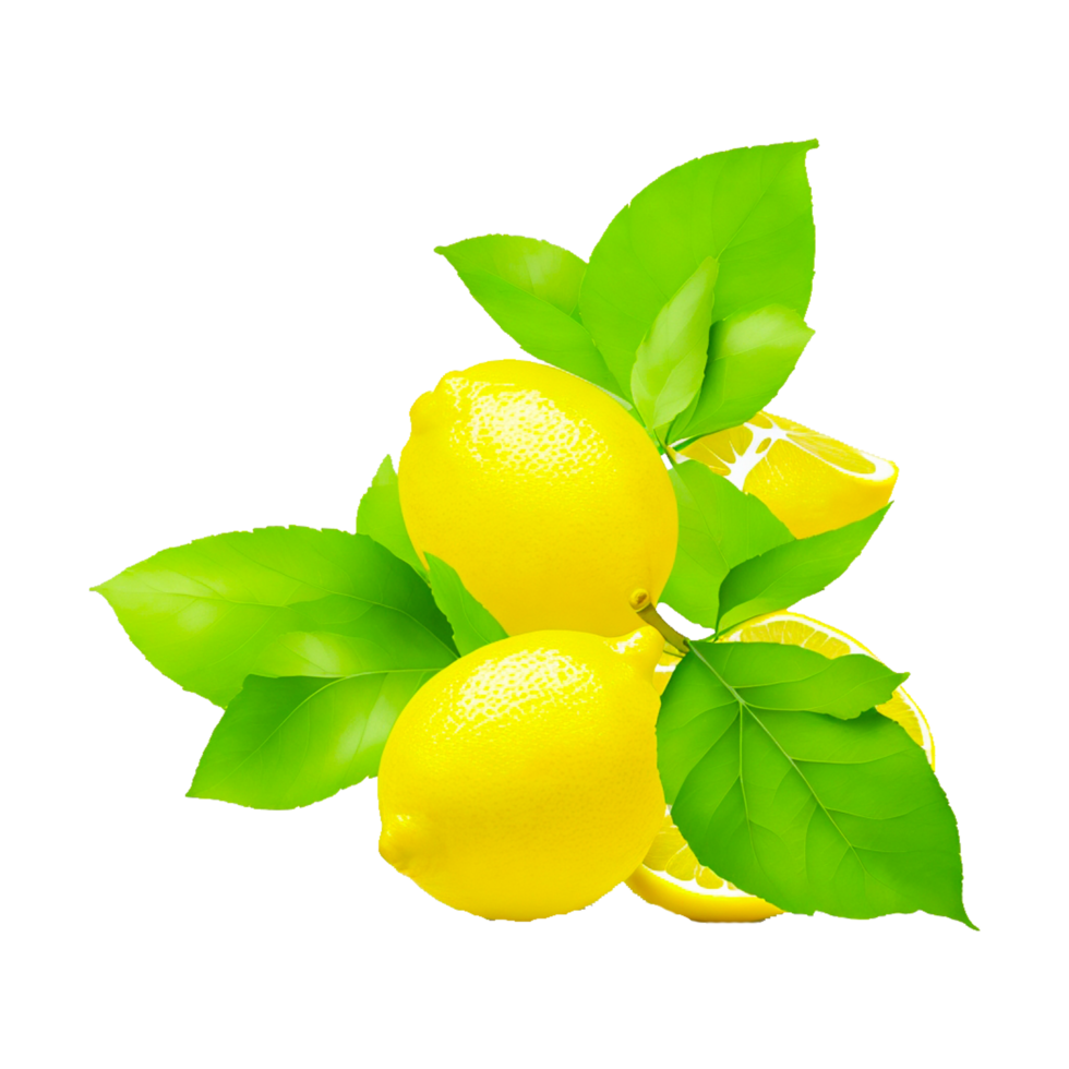 Yellow lemon fruit with leaves transparent background PNG generative ai