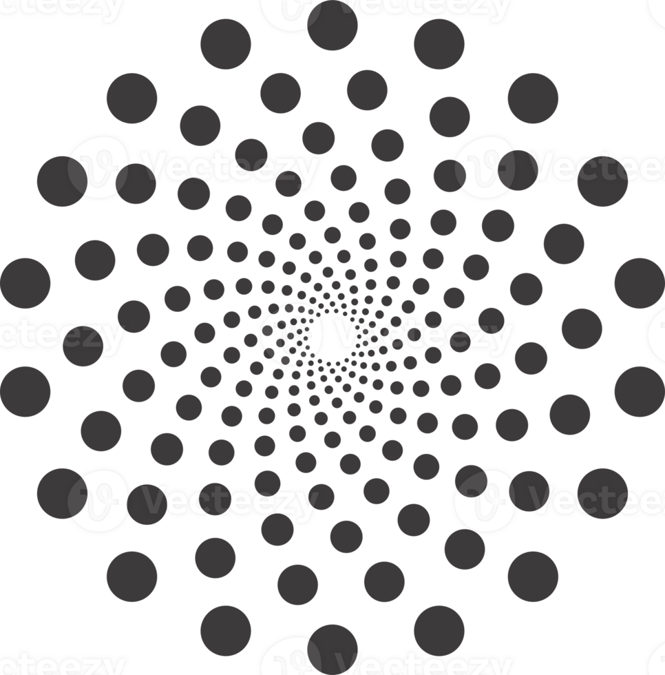 stippel cirkel patroon. abstract voor de helft toon grafisch. circulaire getextureerde ronde spiraal kader. kolken meetkundig ring met gradatie. png