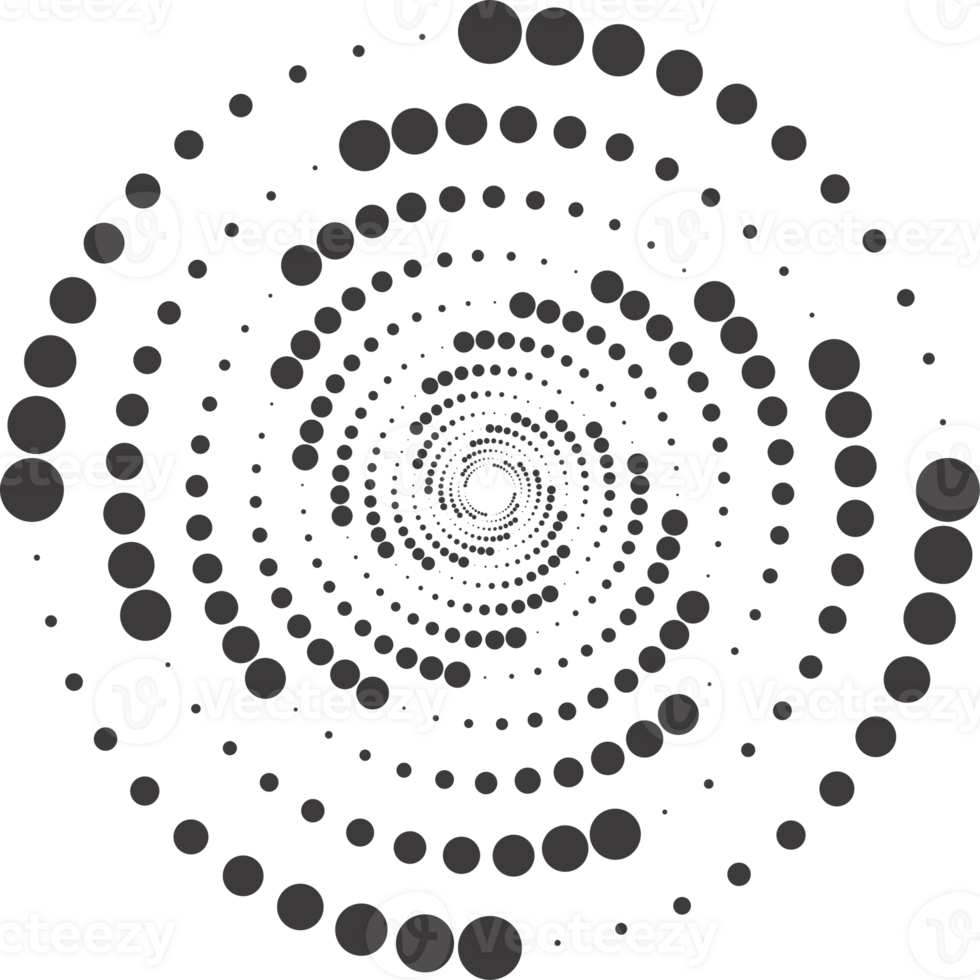 stippel cirkel patroon. abstract voor de helft toon grafisch. circulaire getextureerde ronde spiraal kader. kolken meetkundig ring met gradatie. png