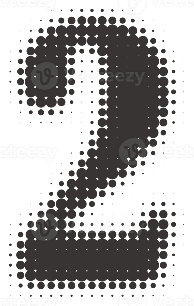 Halftone number 2. Grunge font with pixel pattern. Typography numeral with abstract dotted effect. Pop art design element. png