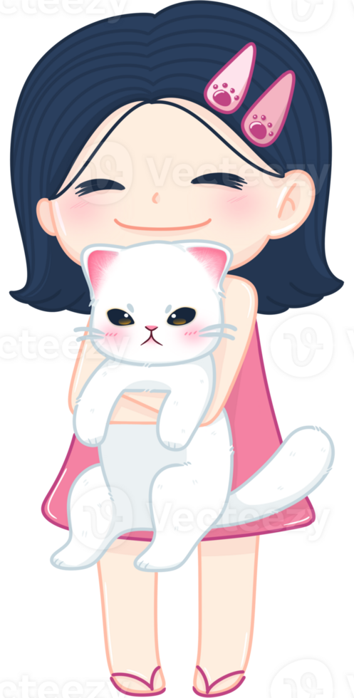 Girl hugging a cute white cat cartoon elements pro png. png