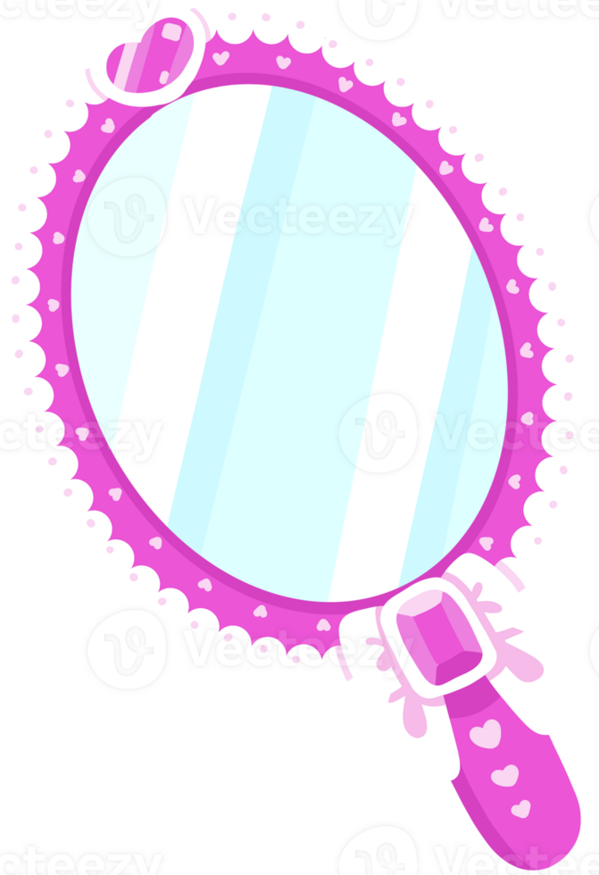 Cute Luxury Hand Drawn Hot Pink Hand Mirror Decorated with Pearl and Jewelry Cartoon Illustration png