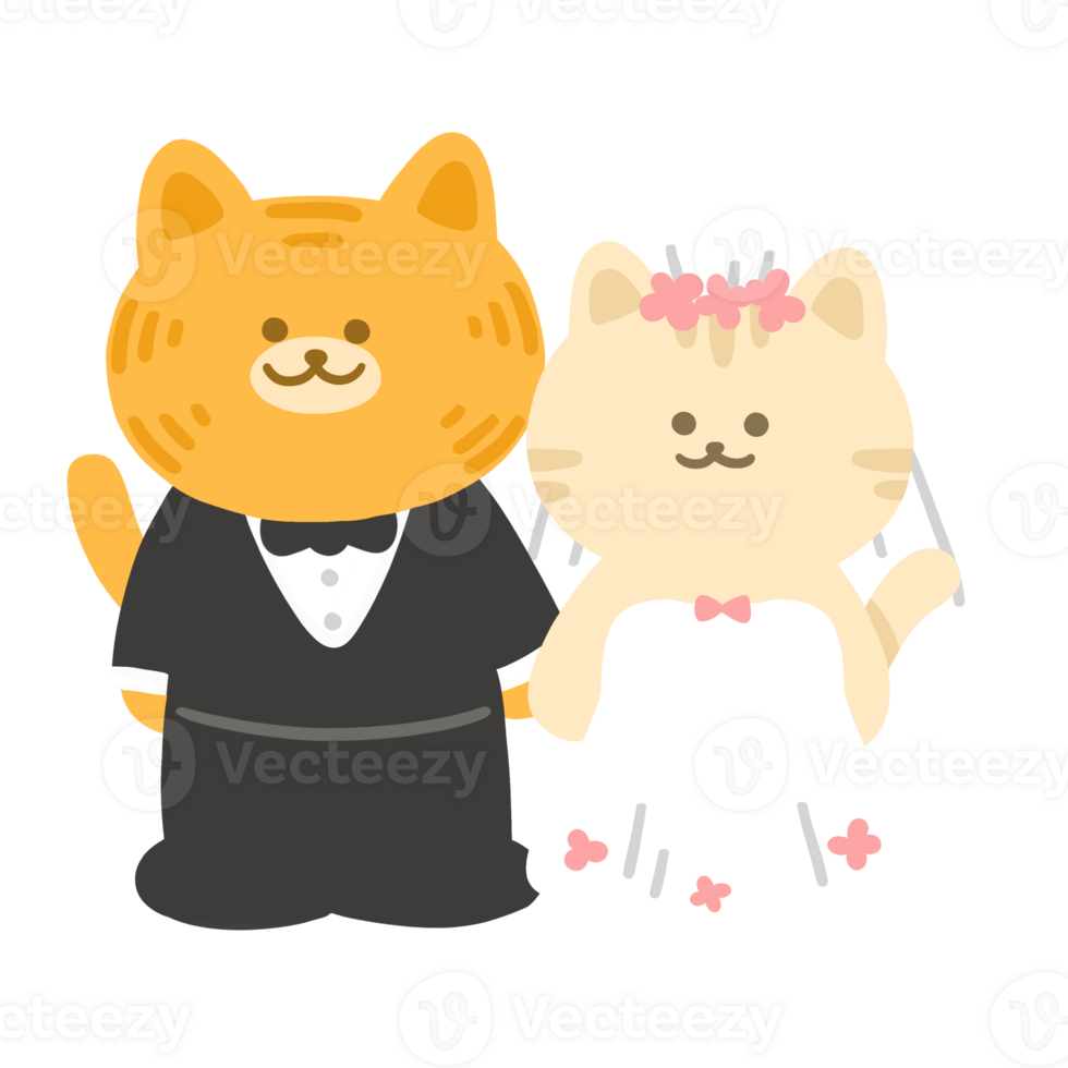 Cute Hand Drawn Bride and Groom Cat Couple Wedding Cartoon Illustration png