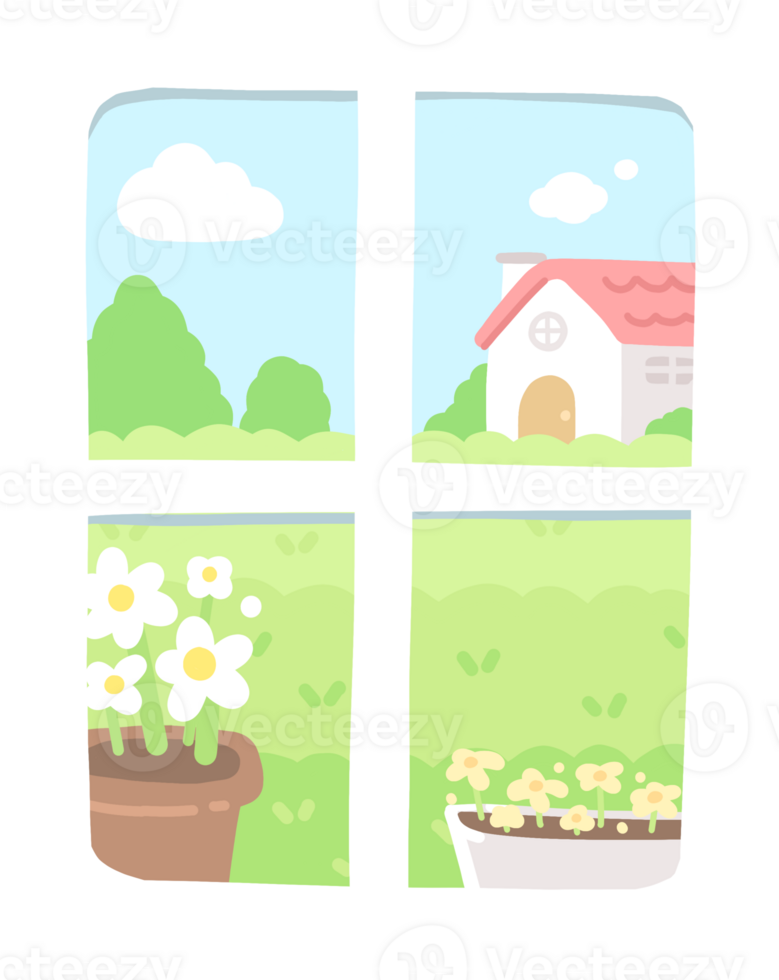 Cute White Window with a Country Side House Flower View Landscape Hand drawn Illustration Cartoon png