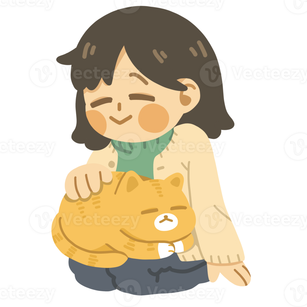 Cute Hand Drawn Ginger Cat Sleeping on Woman Lap Stroking Cartoon Illustration png