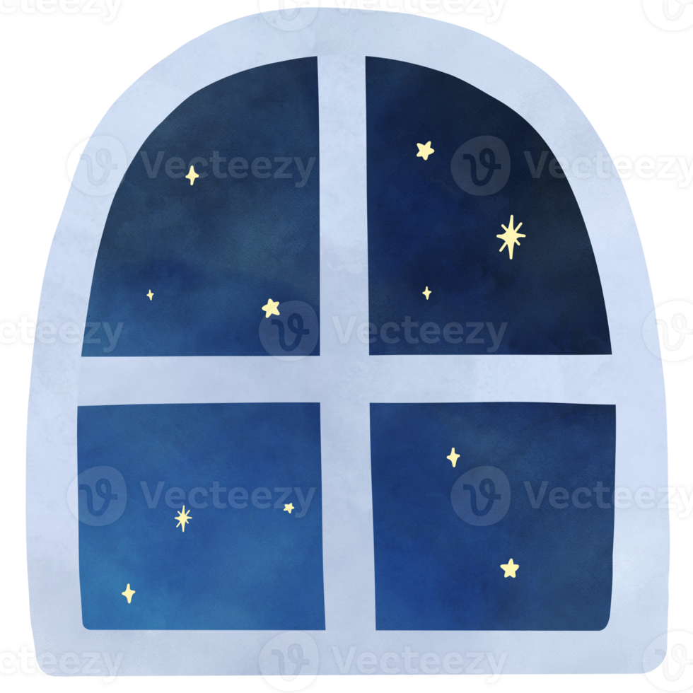 Fenster mit ein sternenklar Nacht Himmel Aussicht Hand gezeichnet Illustration Karikatur png