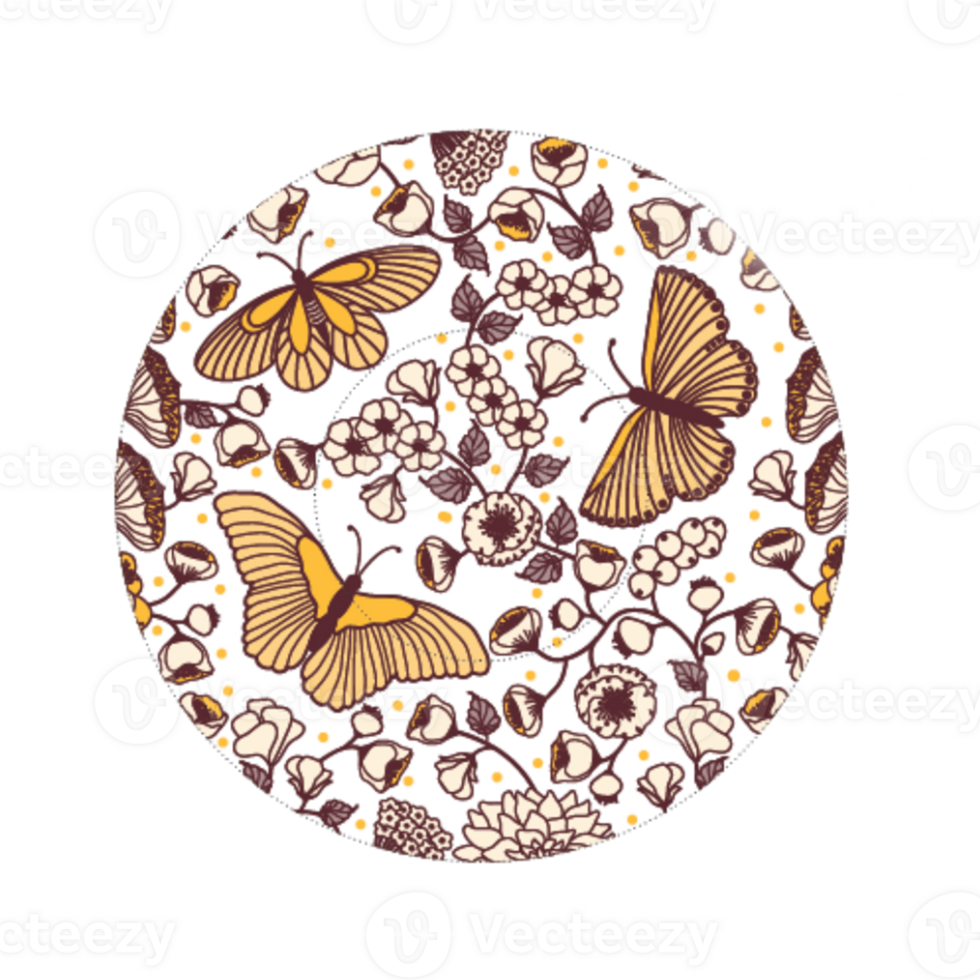 Round icon with butterflies and flowers pattern png
