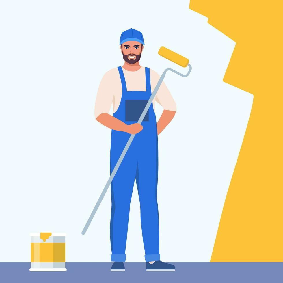 Painter man painting house wall with roller brush. Worker guy using paint-roller and paint cans. Decorator job, interior renovation service. Flat vector character illustration.