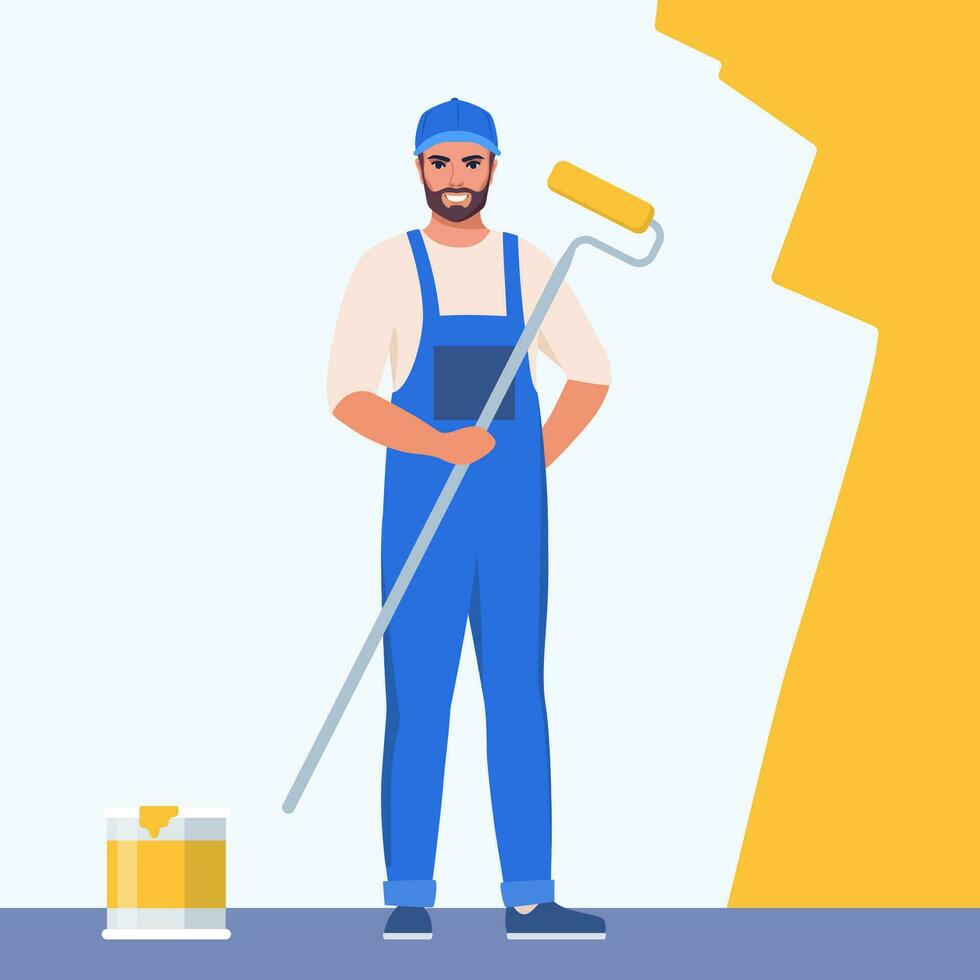 pintor hombre pintando la pared de la casa con cepillo de rodillos. tipo trabajador usando rodillos de pintura y latas de pintura. trabajo de decorador, servicio de reformas de interiores. ilustración de carácter vectorial plano. vector