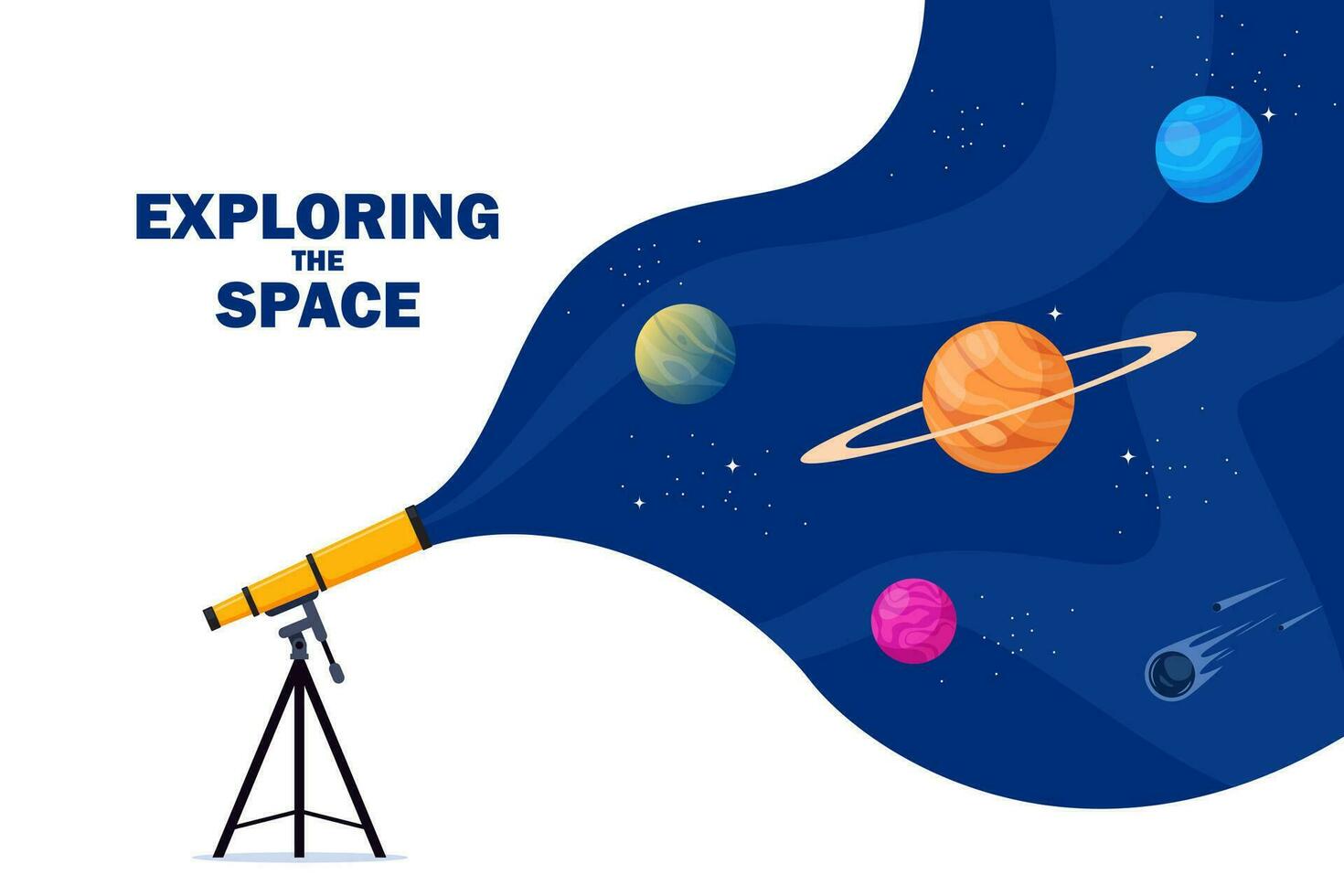 astronómico telescopio mira dentro espacio. espacio. planetas, estrellas y cometas mediante un telescopio. vector plano ilustración.