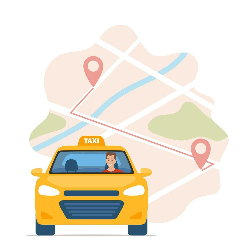 Taxi auto, ciudad mapa GPS ubicación. coche alquilar móvil servicio, Internet bandera. moderno en línea vehículo alquiler tecnología, amarillo Taxi ilustración concepto. ciudad calle navegación. vector