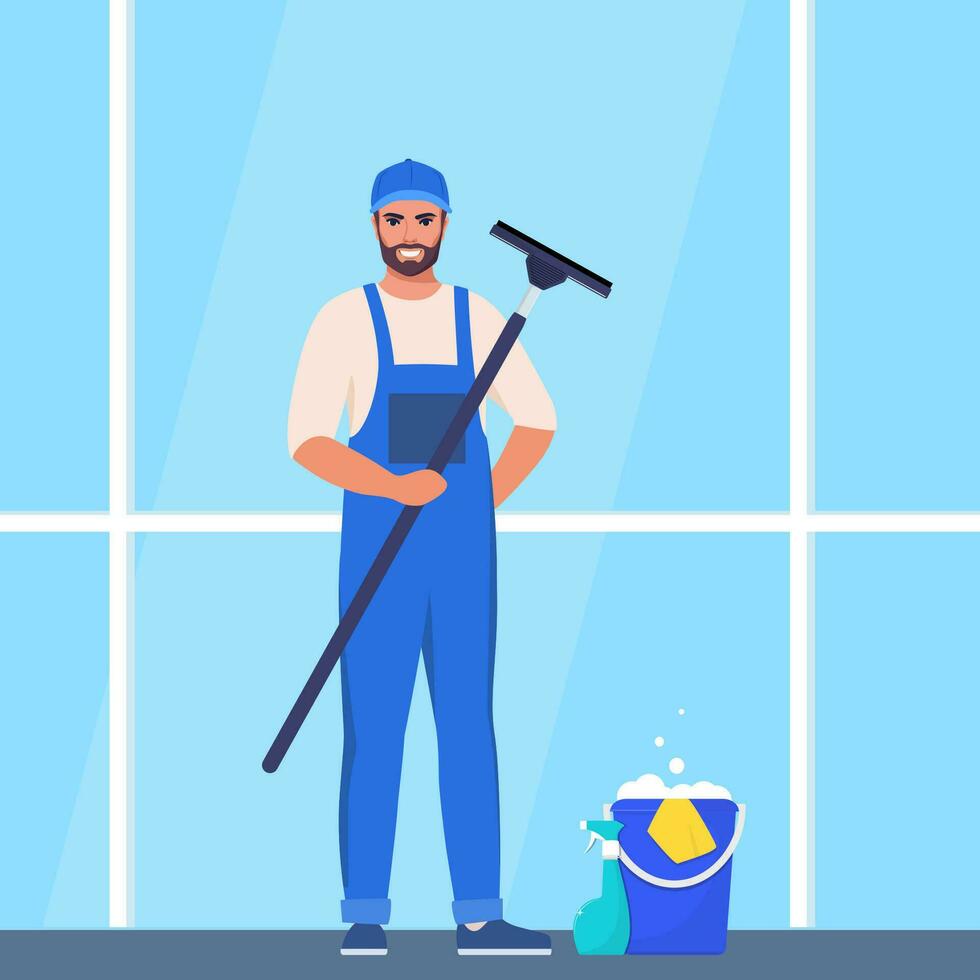 Man in blue and yellow uniform cleaning window with glass scraper and washing spray. Housekeeping service, office cleaning service, spring cleaning duty. Vector illustration.