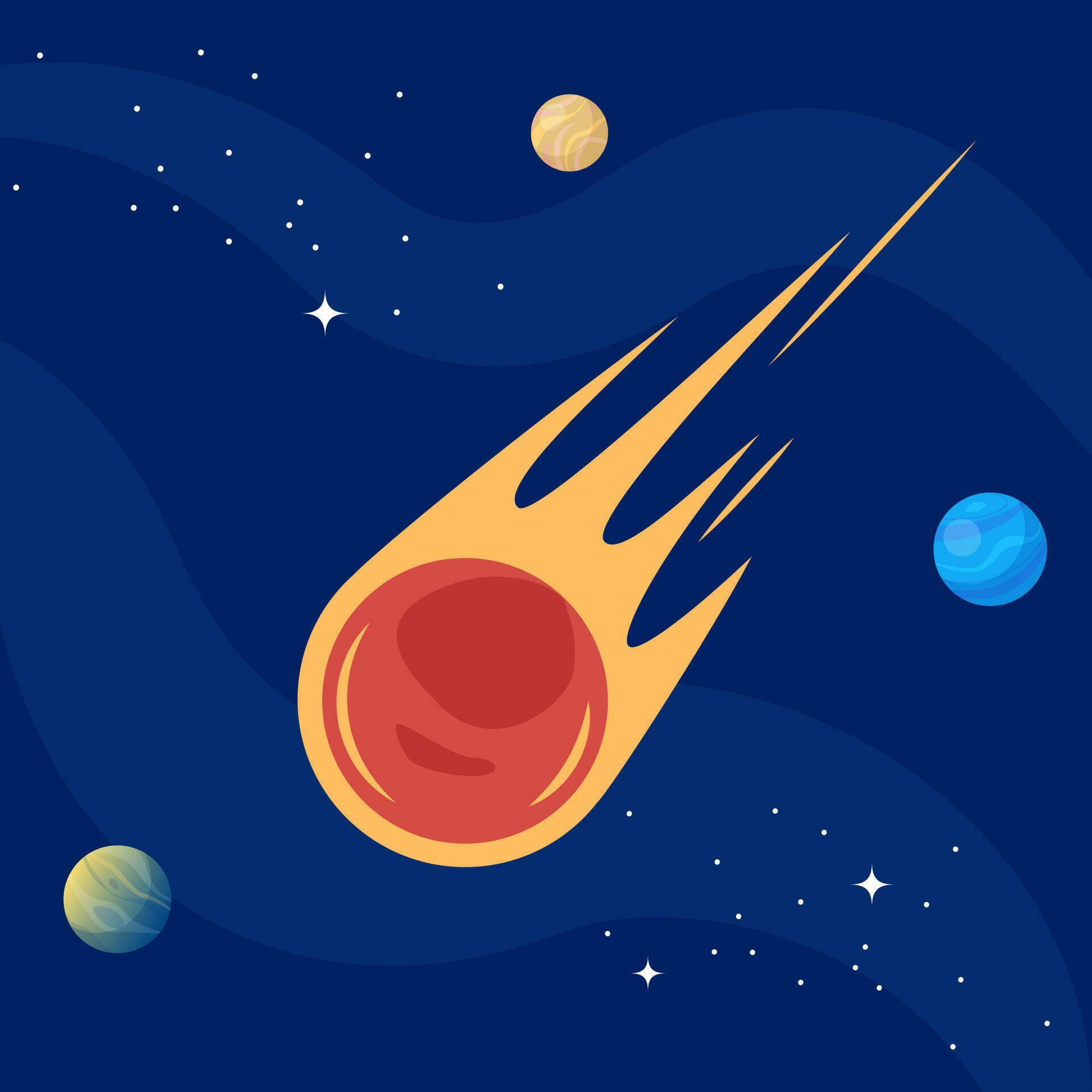 Meteor with trail of fire. Dangerous space object. Big asteroid. Comet