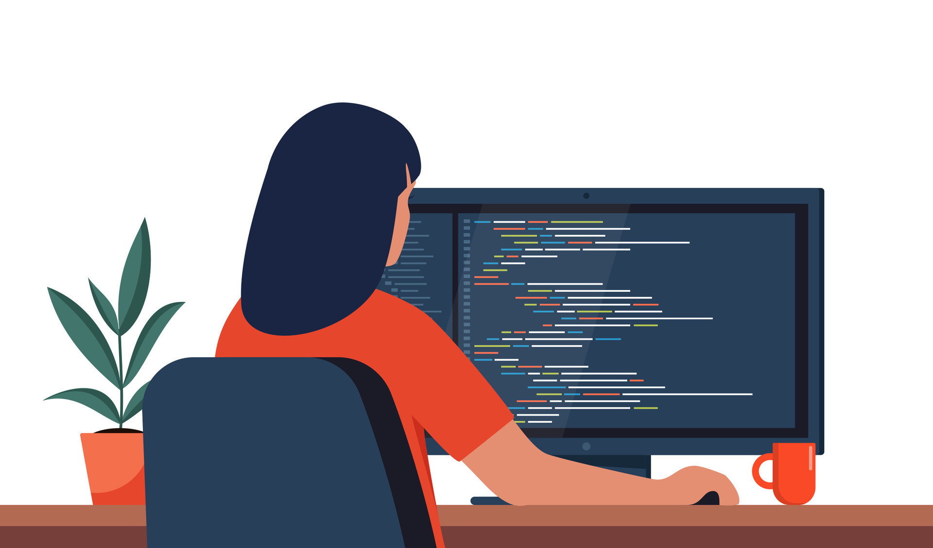 Young woman writing code on a desktop computer. Software developer at ...