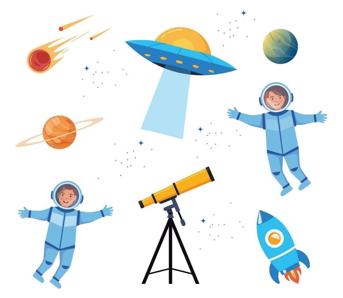 Cartoon kids space and galaxy. Space objects, telescope, astronauts, rocket, flying saucer, planets, comet. Vector illustartion.