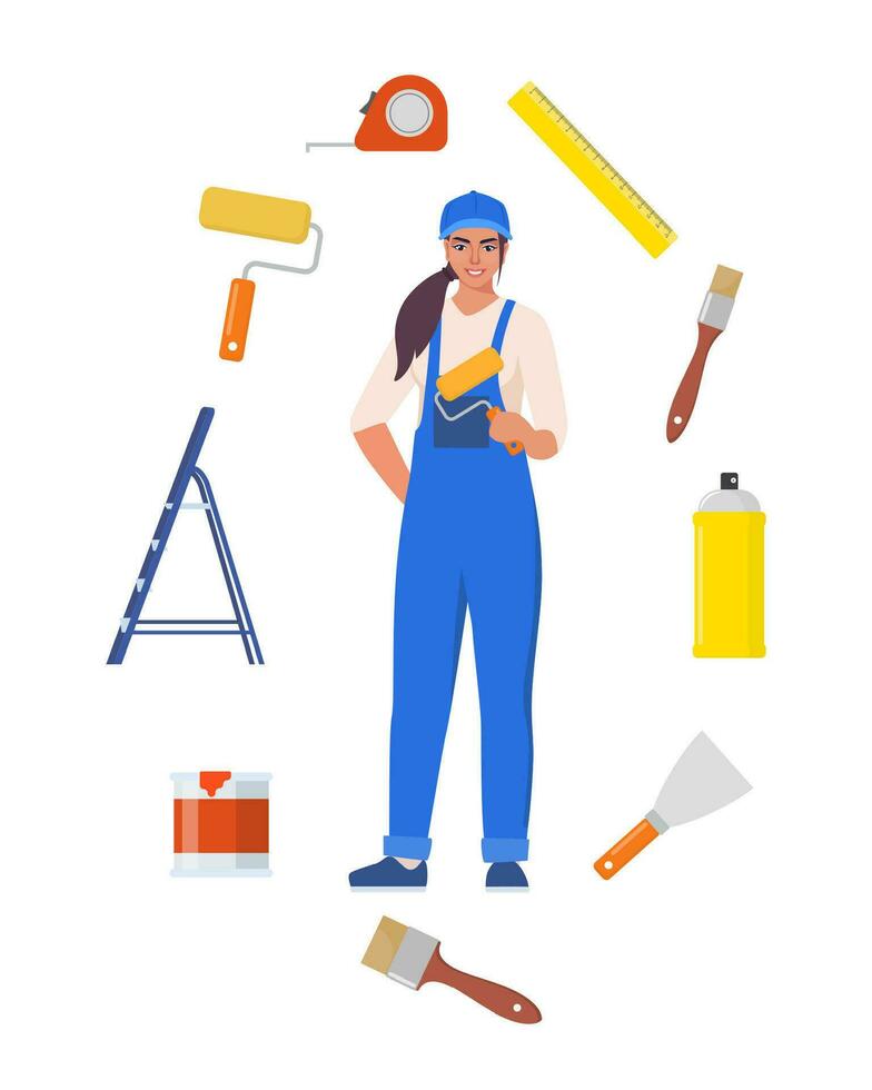 Woman painter in uniform with paint roller. Set of painting tools, brush, roller. Decorator job, interior renovation service. Vector illustration.