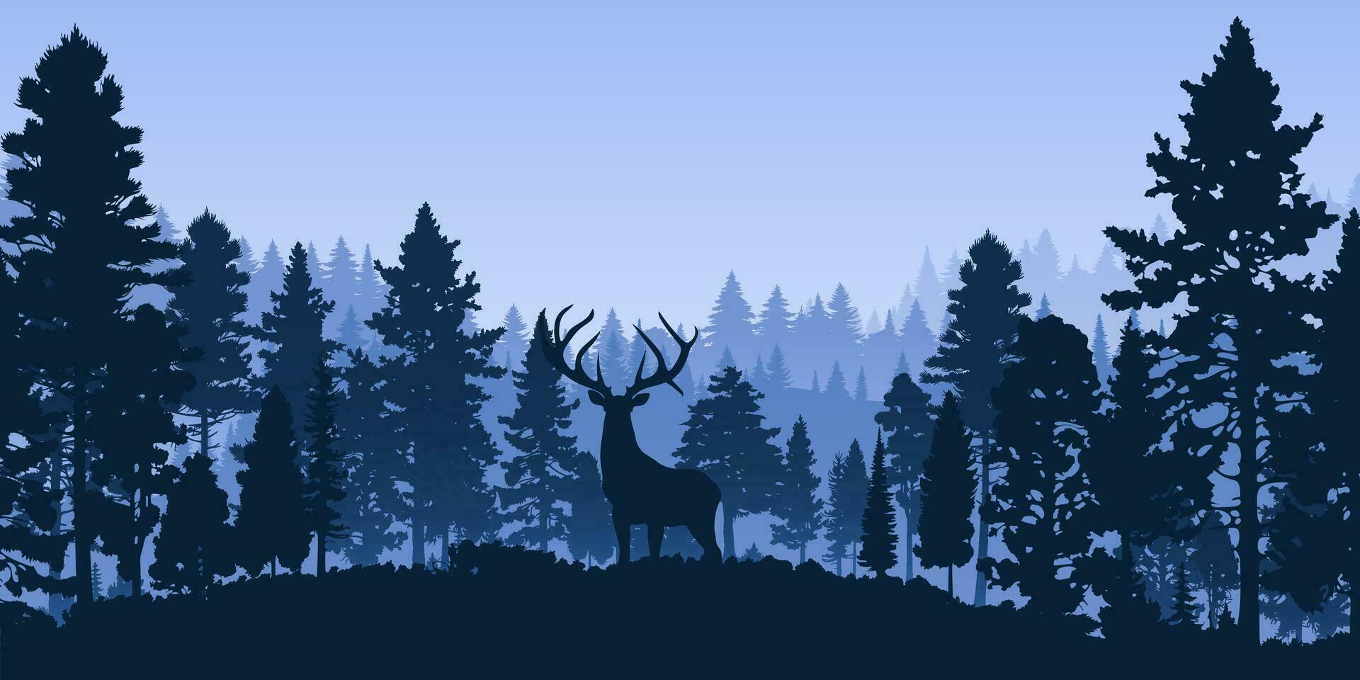 Forest landscape silhouette in blue hues. The coniferous trees and horned deer are in silhouette against a foggy horizon. For backgrounds, banners, travel and adventure designs vector
