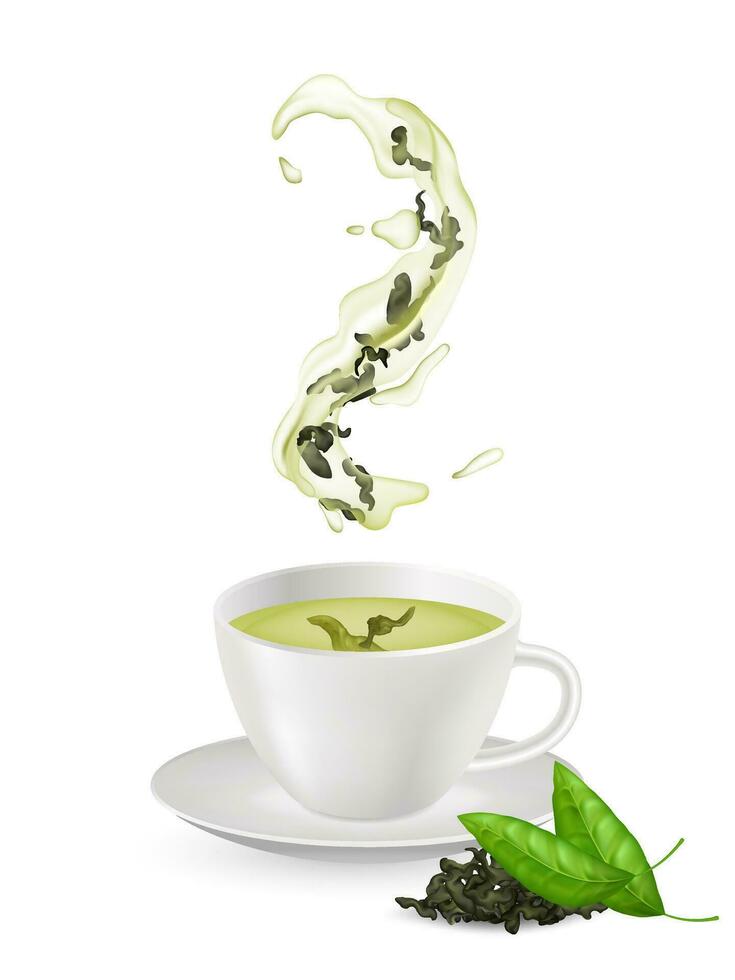 Realistic green tea in a glass cup with fresh green leaves. Organic and healthy beverage illustration on white background. Liquid flow with leaf of tea. Herbal drink concept. Heap of dry leaves vector