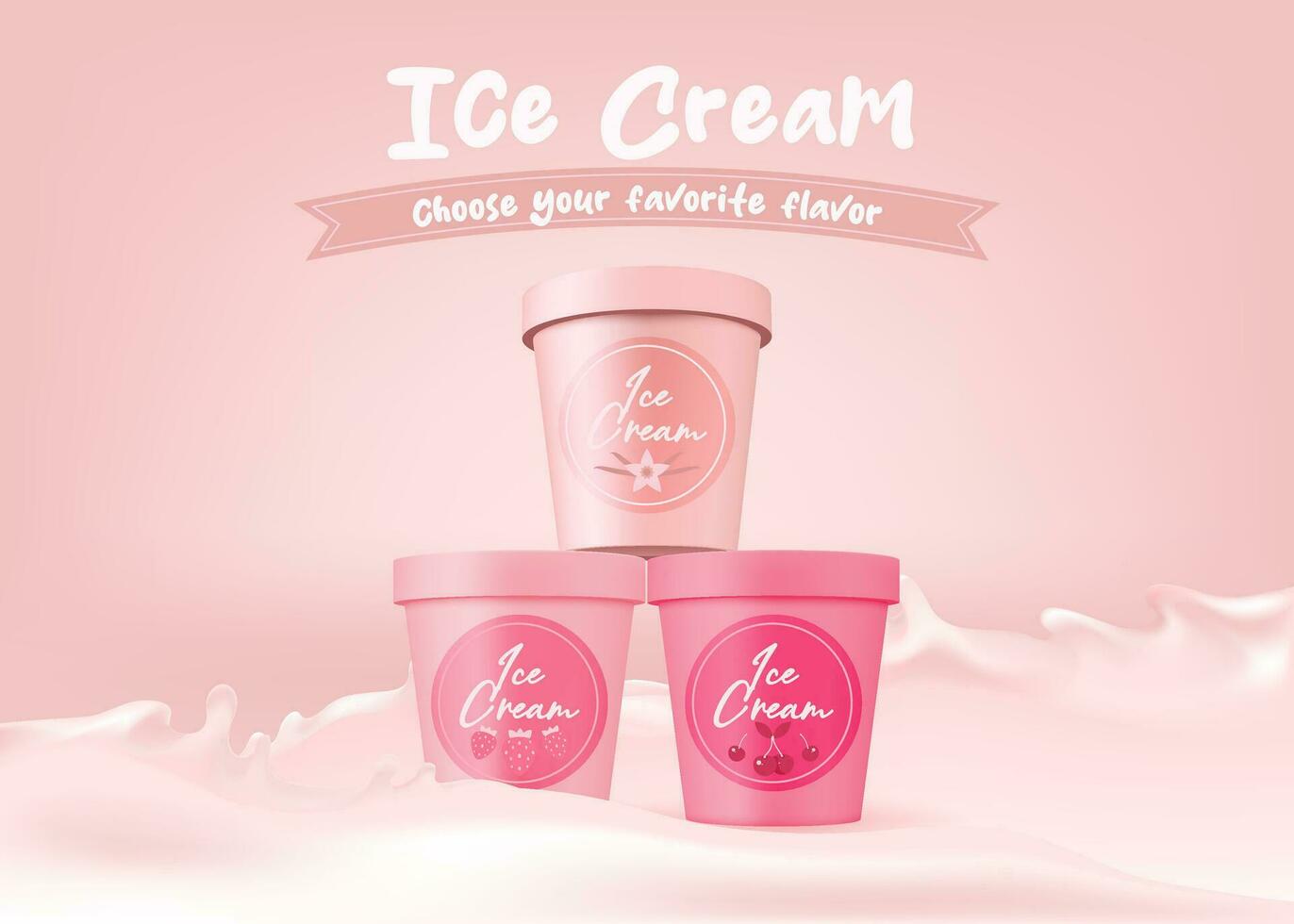 Realistic yogurt cream container mockup. Pink label plastic bucket with lid. 3D vector illustration for dairy dessert packaging design