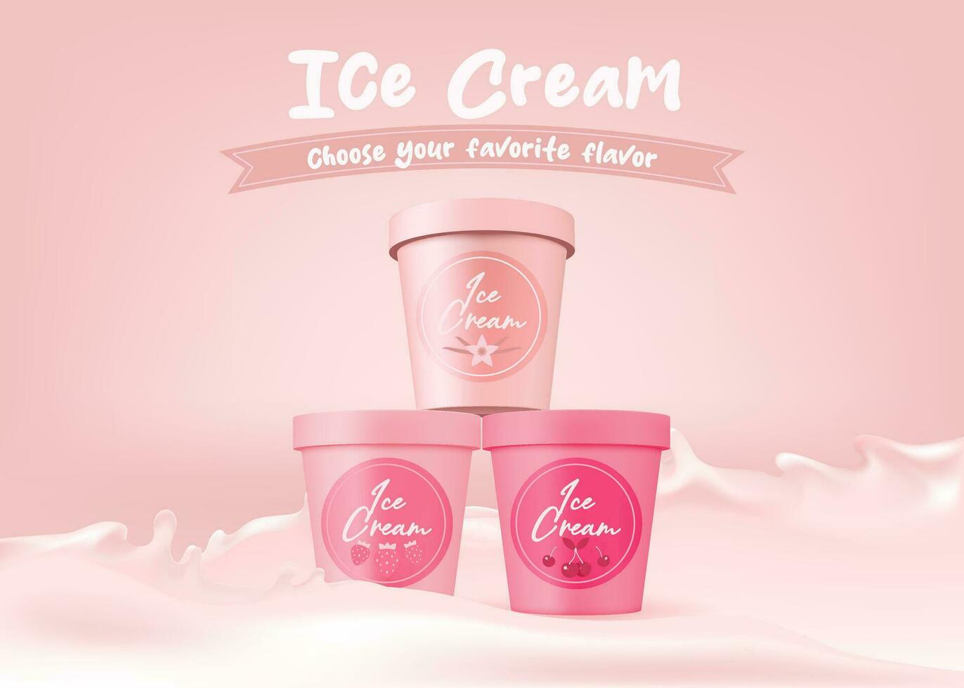 realista yogur crema envase Bosquejo. rosado etiqueta el plastico Cubeta con tapa. 3d vector ilustración para lechería postre embalaje diseño