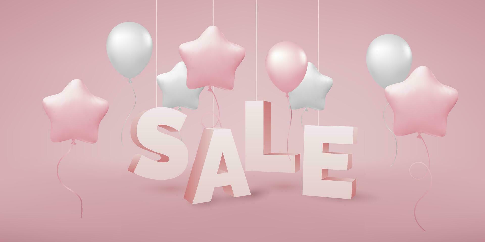 Big 3D sale text with balloons. Festive illustration for promotions and celebrations. Perfect for anniversary events, birthday parties, and banners. Realistic design in pink and gold vector