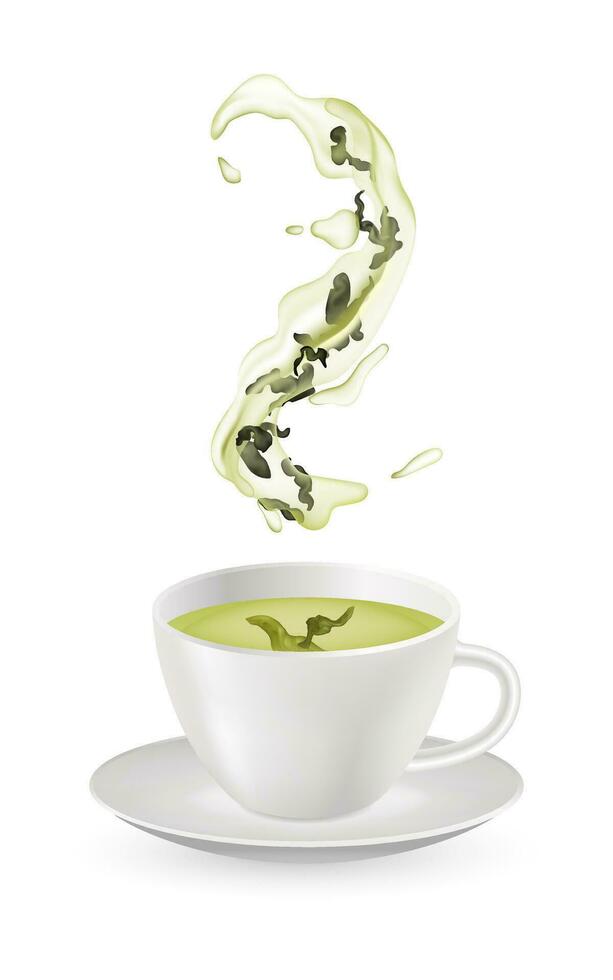 Realistic green tea in a glass cup with fresh green leaves. Organic and healthy beverage illustration on white background. Liquid flow with leaf of tea. Herbal drink concept. Heap of dry leaves vector