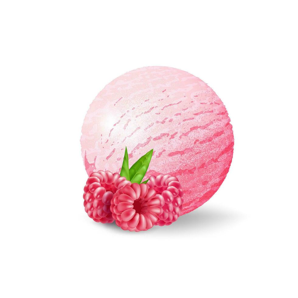 Realistic ice cream illustration. Pink ice cream ball with raspberry flavor. Delicious summer dessert in 3D vector design. For product packaging and advertising