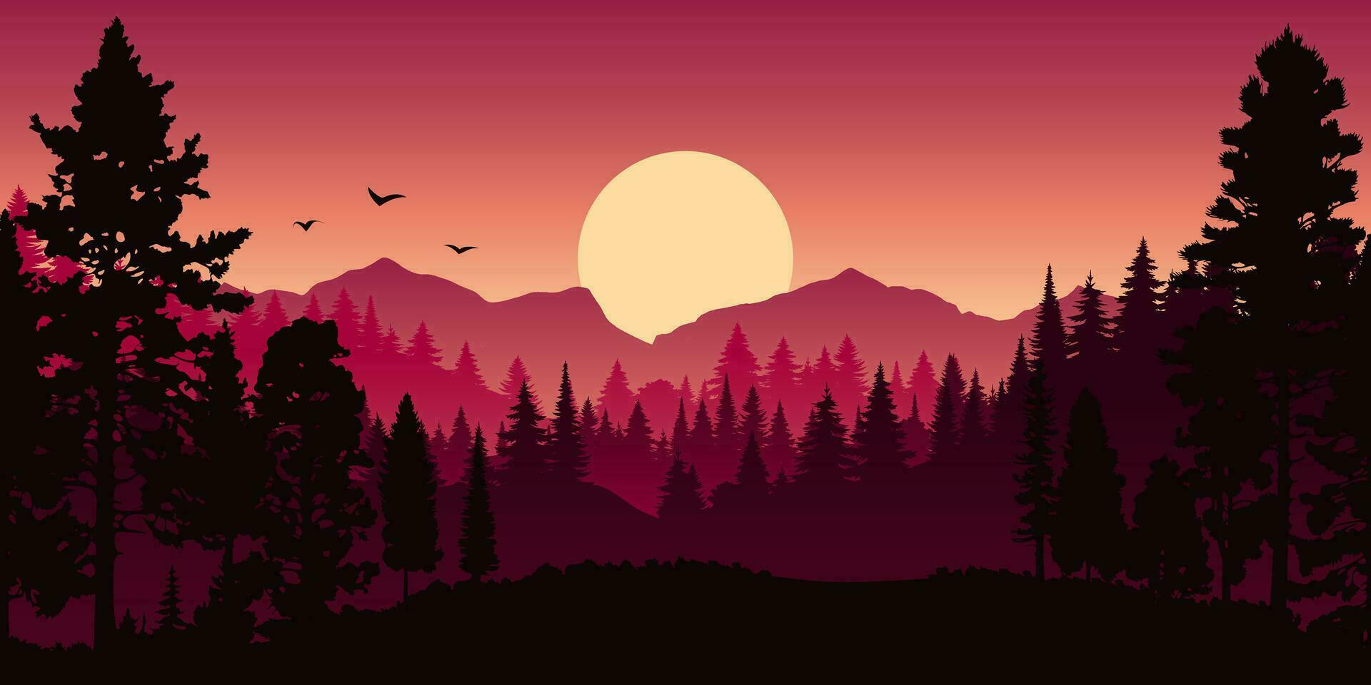 Vector red horizontal landscape with fog, forest, spruce, fir, and sunset. Autumn Illustration of panoramic view silhouette, mist and orange mountains. Fall season trees.