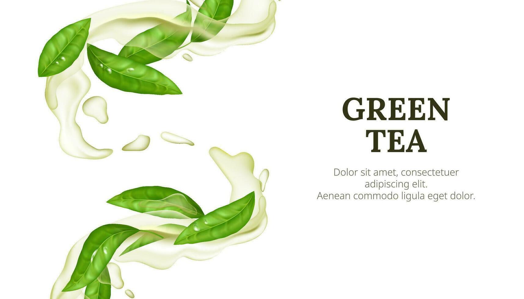 Refreshing green tea with green leaf. Vector banner of flowing liquid, transparent, and realistic. Splashing droplets in 3D motion. Fresh and organic beverage concept