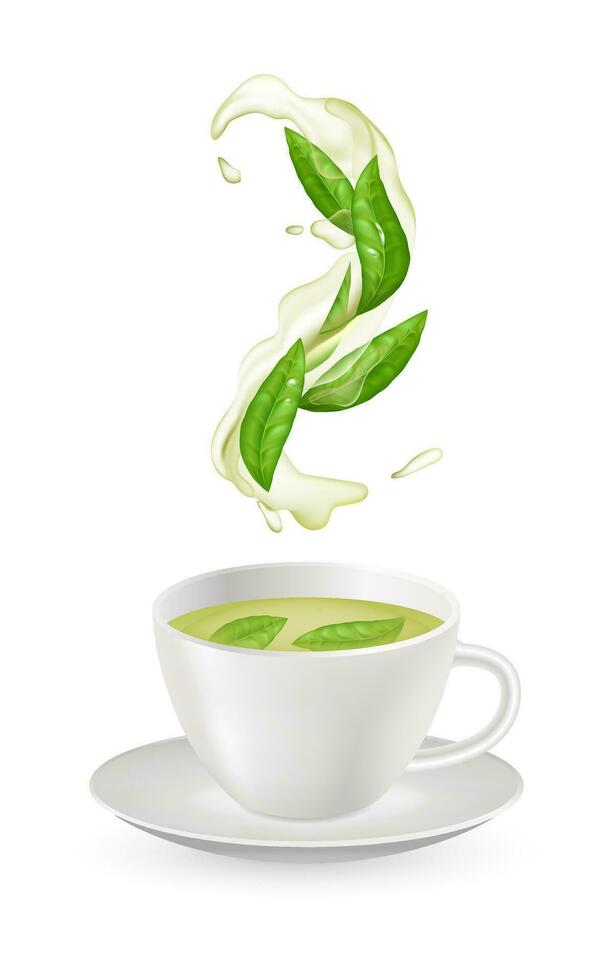 Realistic green tea in a glass cup with fresh green leaves. Organic and healthy beverage illustration on white background. Liquid flow with leaf of tea. Herbal drink concept. Heap of dry leaves vector