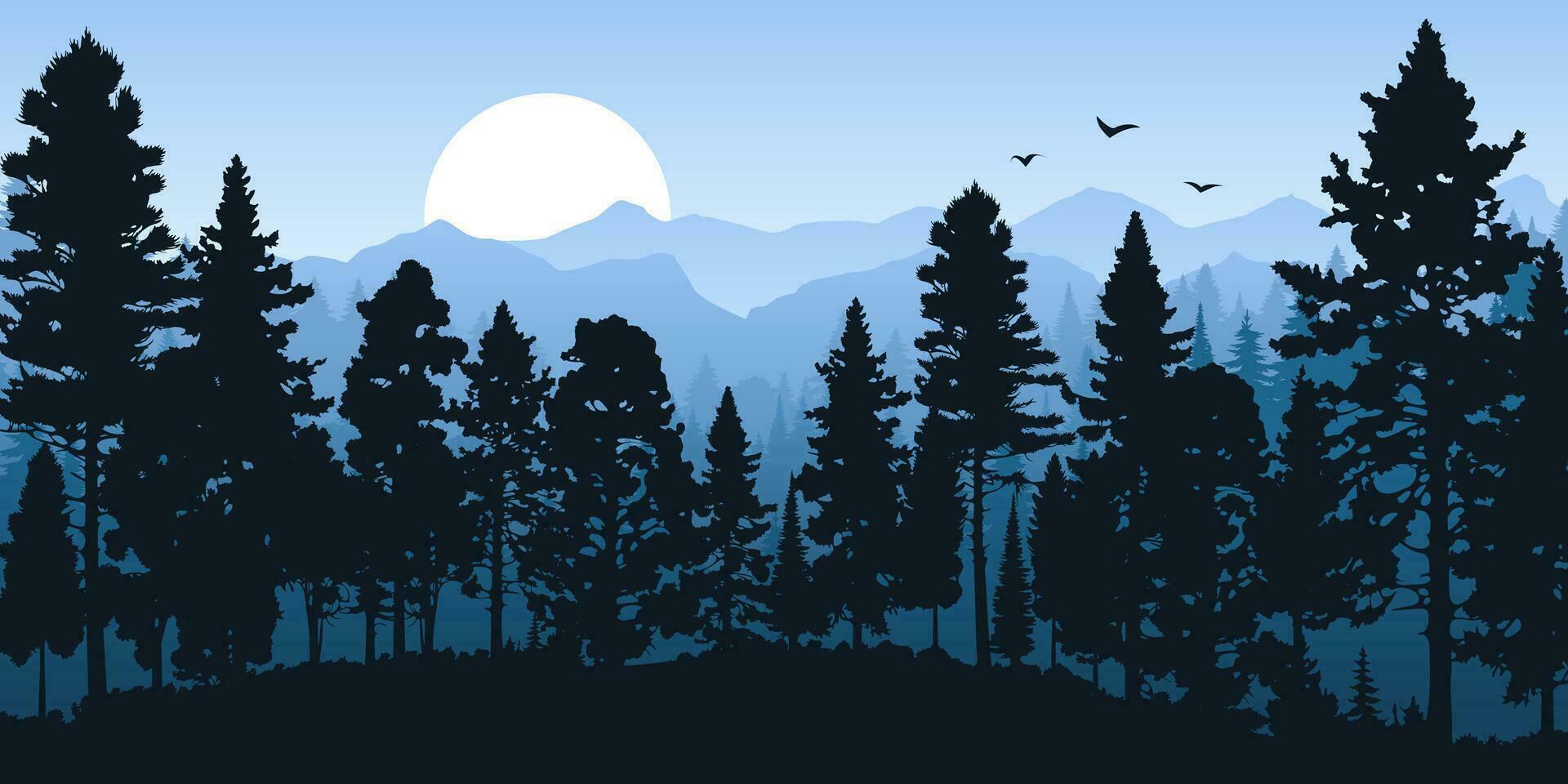 Vector illustration of a serene forest landscape with misty mountains. Nature themed design, perfect for outdoor and travel projects