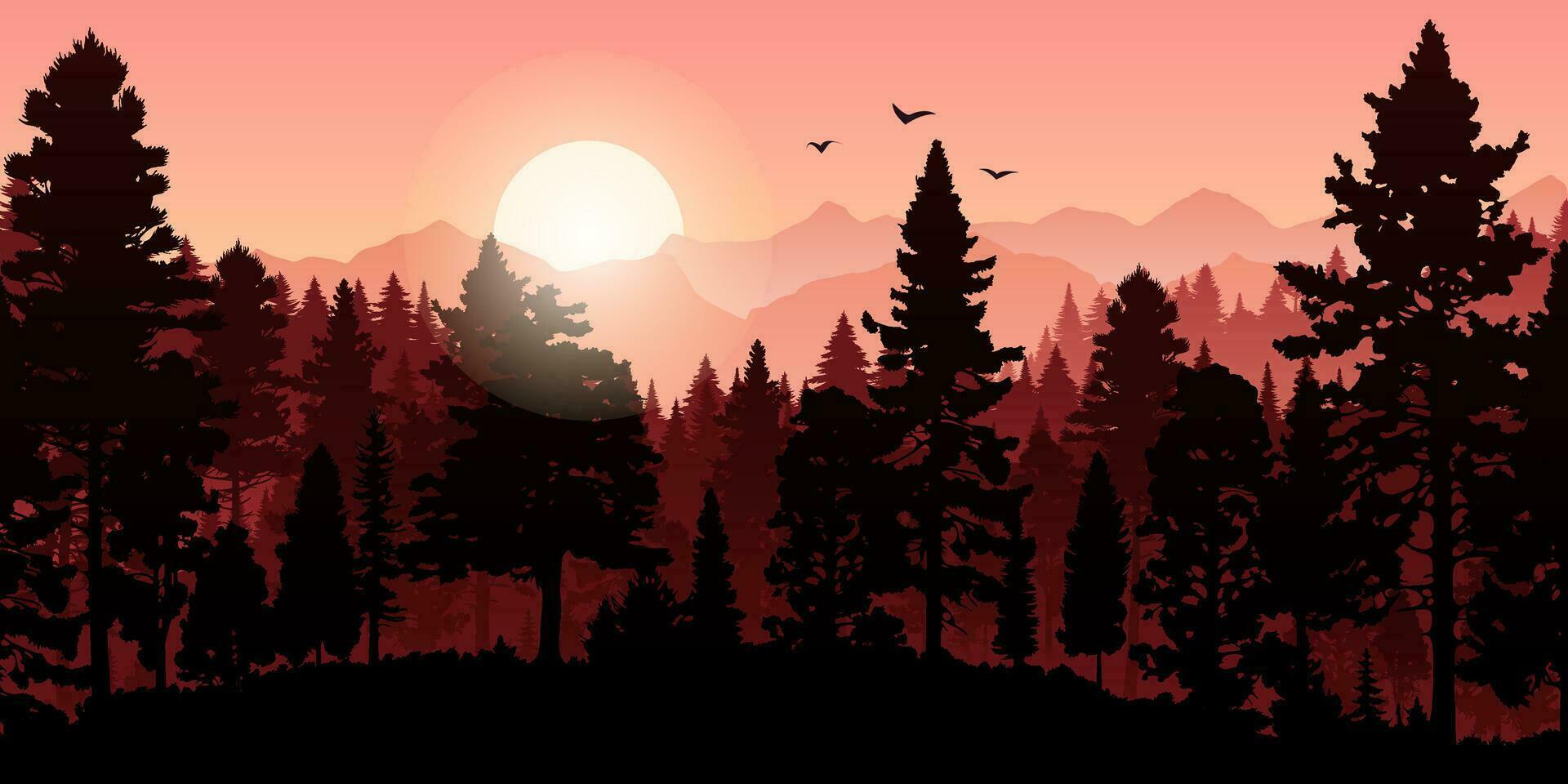 Beautiful red mountain landscape with fog, trees, rocks, birds and hills in silhouette against a sunrise or sunset sky. Perfect for nature and travel designs. panoramic silhouette, orange mountains. vector