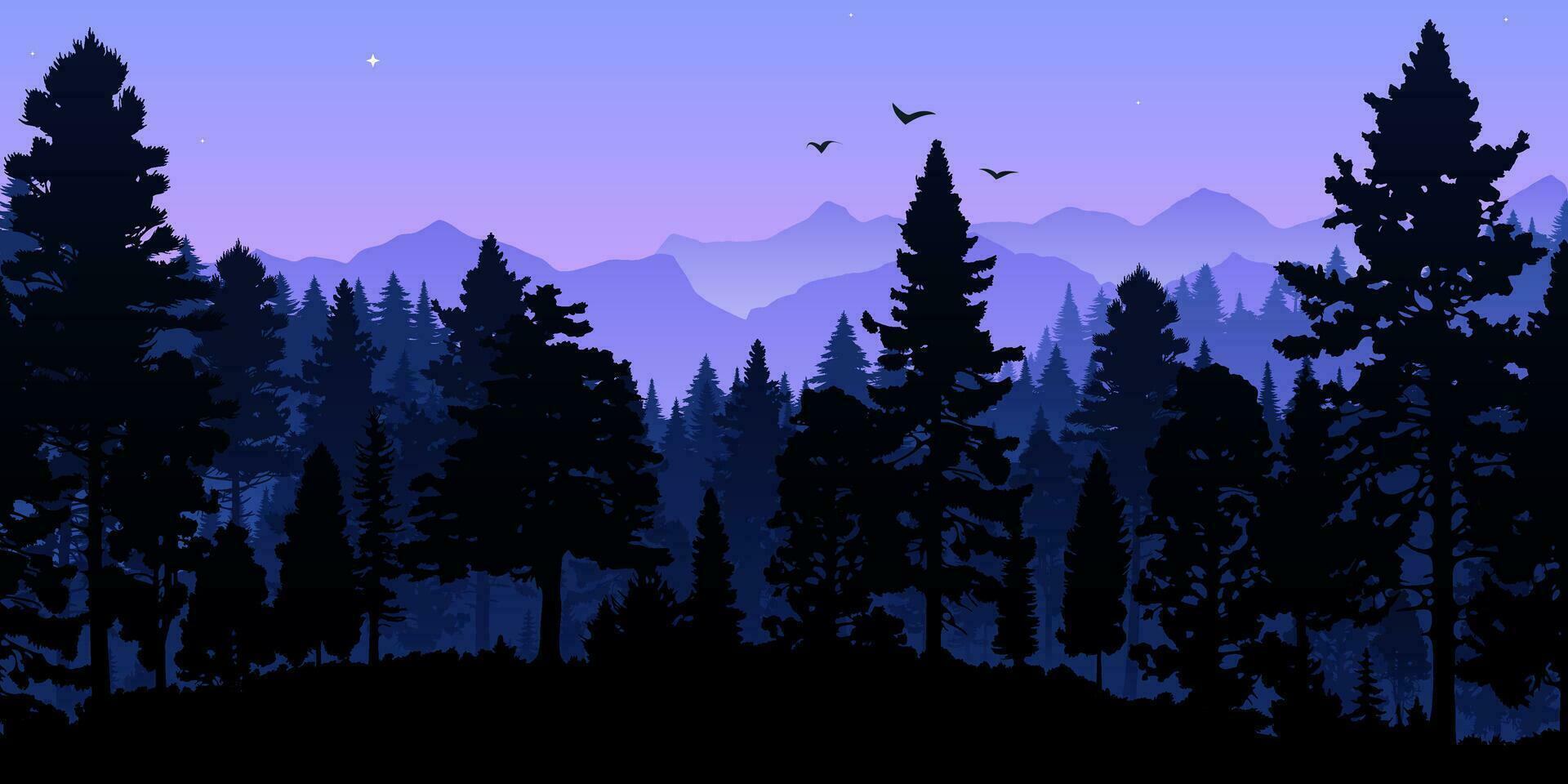 hermosa panorámico ver de un oscuro bosque con púrpura y azul siluetas de arboles y montañas en contra un Violeta cielo. escénico paisaje Perfecto para viaje y aventuras antecedentes vector