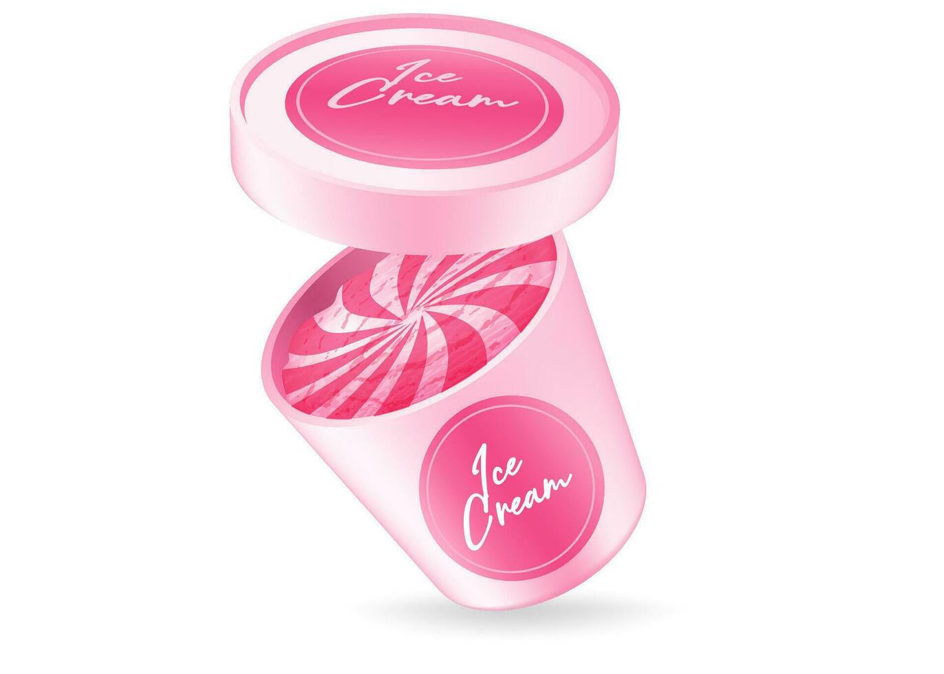 Realistic vector illustration of a pink swirl ice cream in a 3D mockup bucket with the raised lid. Raspberry flavor. Perfect for dairy product designs, posters, and sweet food themes
